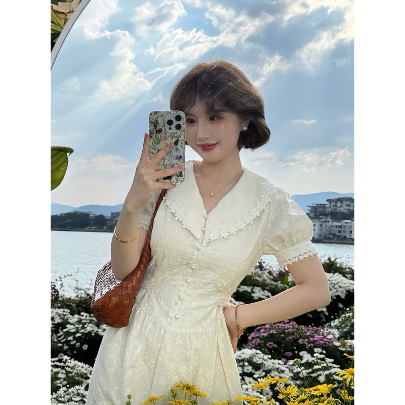 Váy trắng thêu hoa tay bồng dáng dài, đầm trắng dáng dài thêu hoa nổi nữ tính Logastore_206