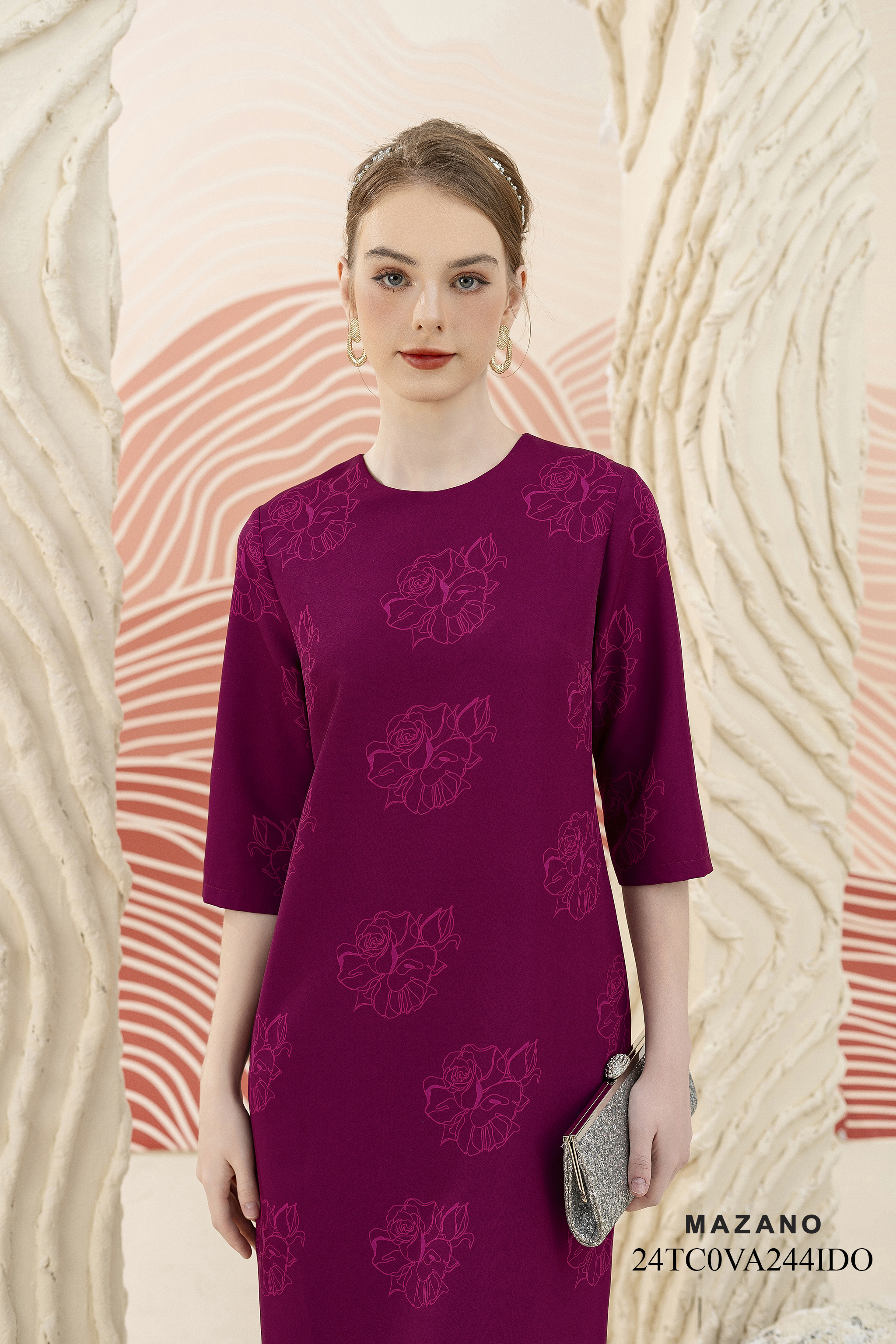 Váy Đầm suông Vải Thô  in hoa bố cục Cổ tròn Dài tới bắp chân VA244IDO_thumbnail_3