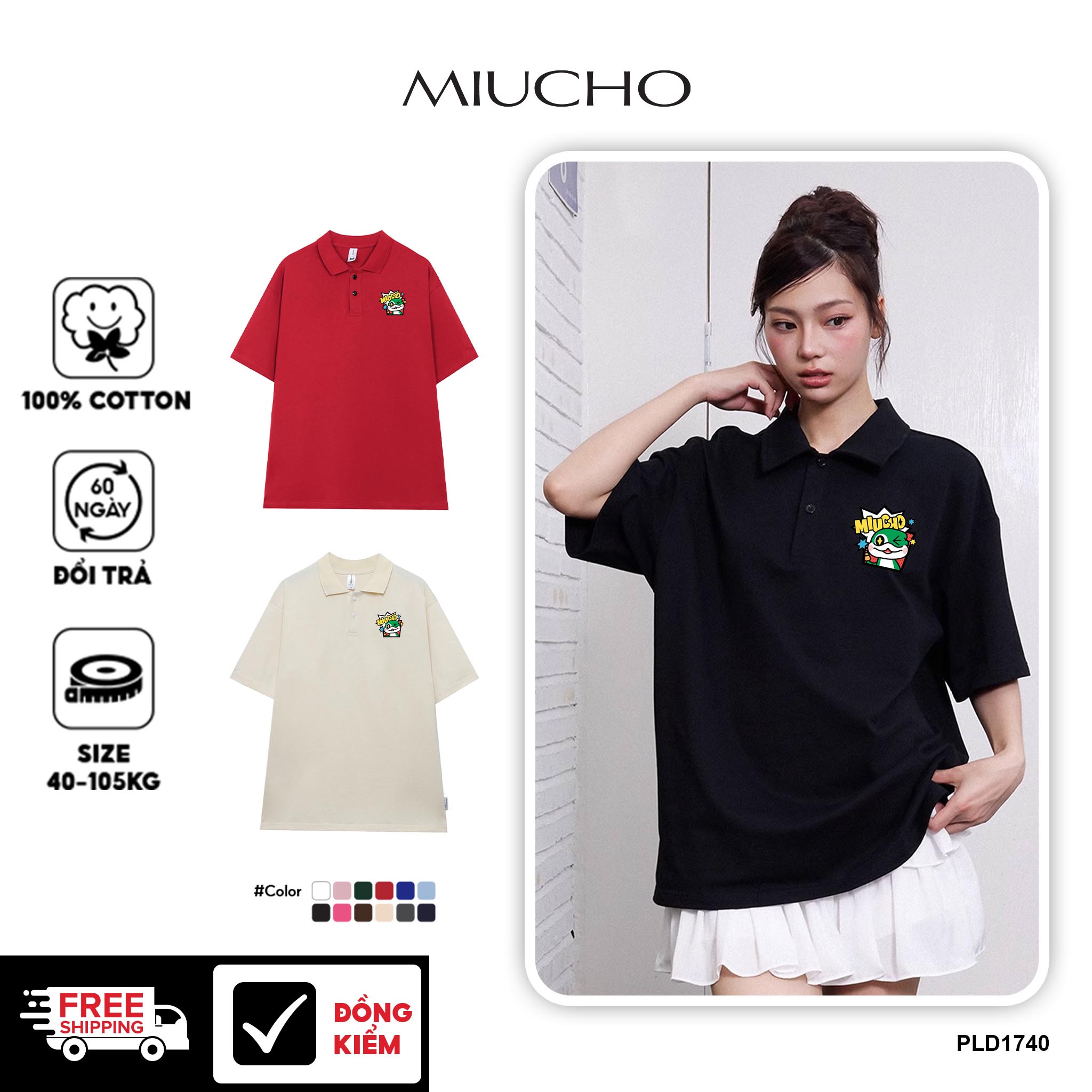 Áo polo tết nam nữ form rộng có cổ vải cotton thoáng mát local brand PLD1740 Miucho in mix