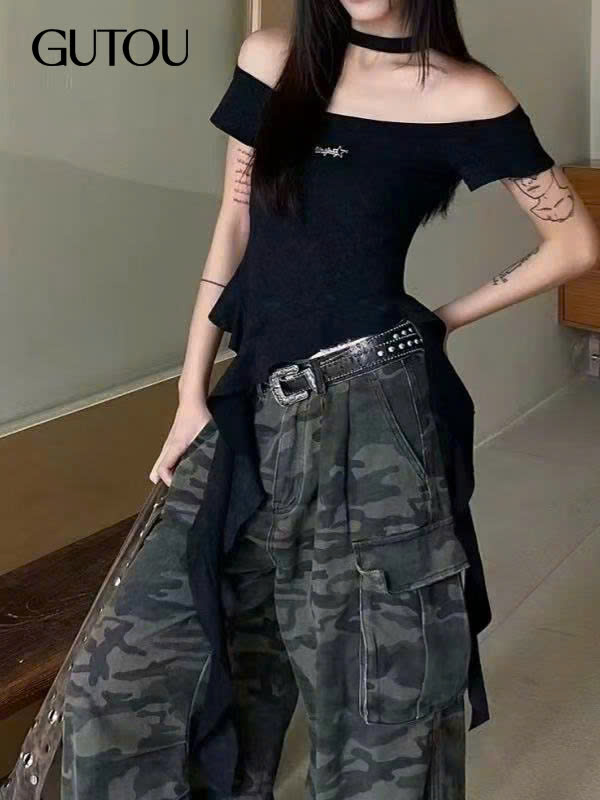 [ GUTOU ] Áo Trễ Vai Cổ Yếm Phối Dây