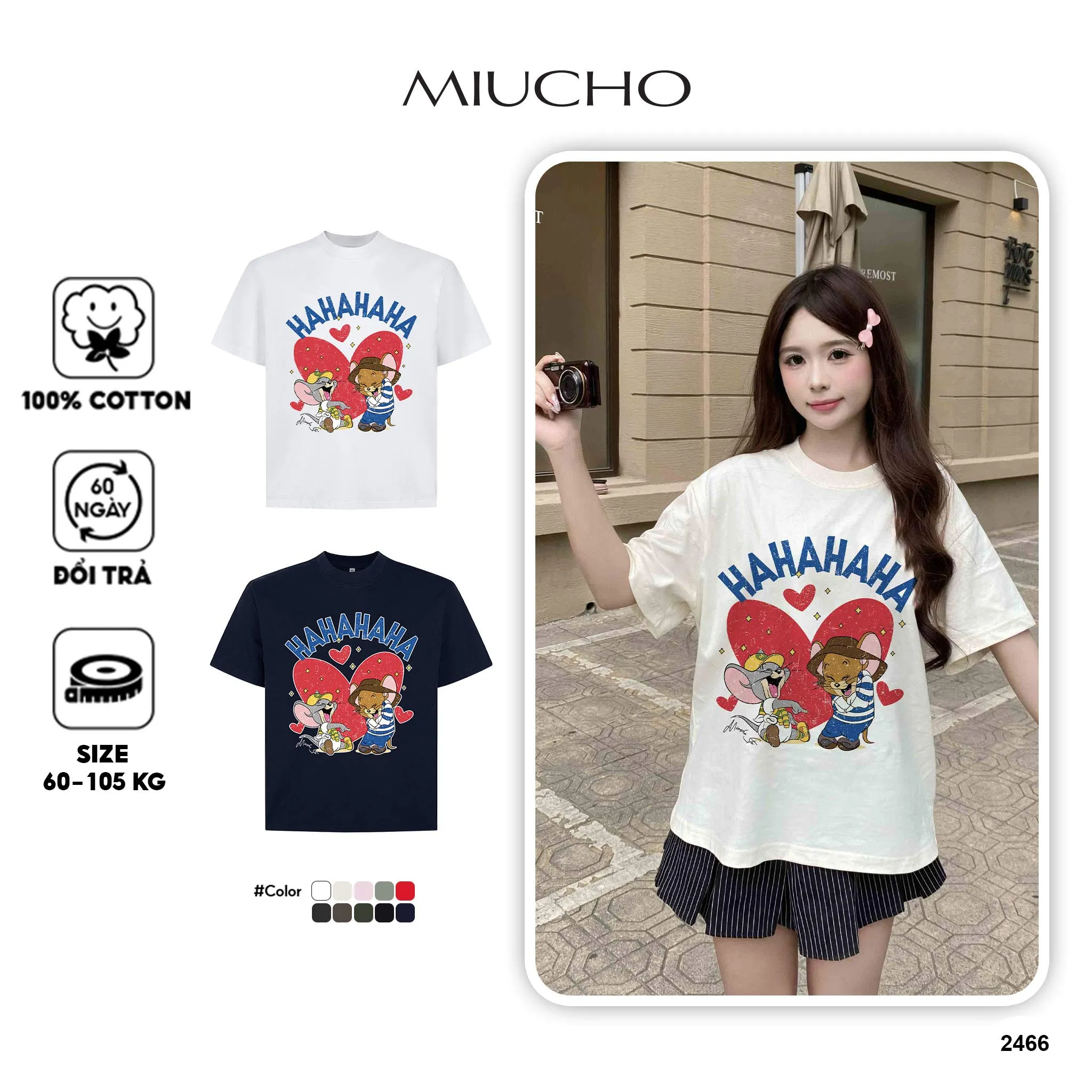 Áo thun form boxy họa tiết hoạt hình AXD2466 Miucho vải cotton thoáng mát cổ tròn in mix_thumbnail_1