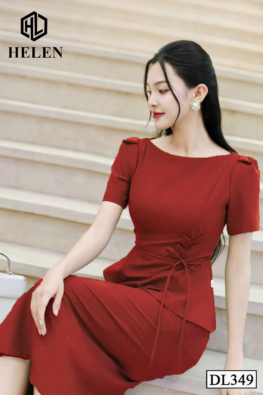 Đầm ôm màu đỏ hoa eo cách điệu DL349_thumbnail_2