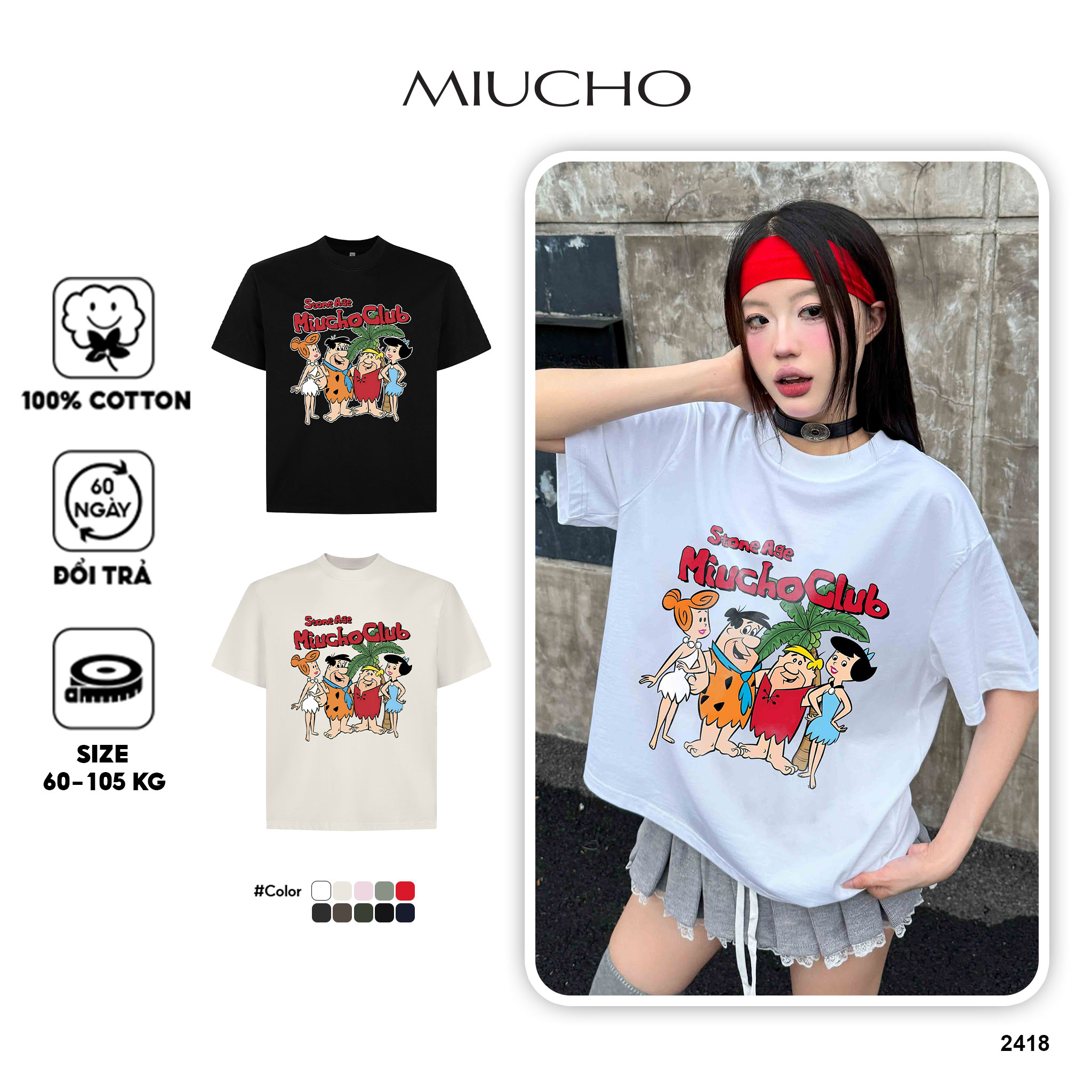 Áo thun boxy cotton 2 chiều AXD2418 Miucho tay ngắn cổ tròn phong cách cổ điển