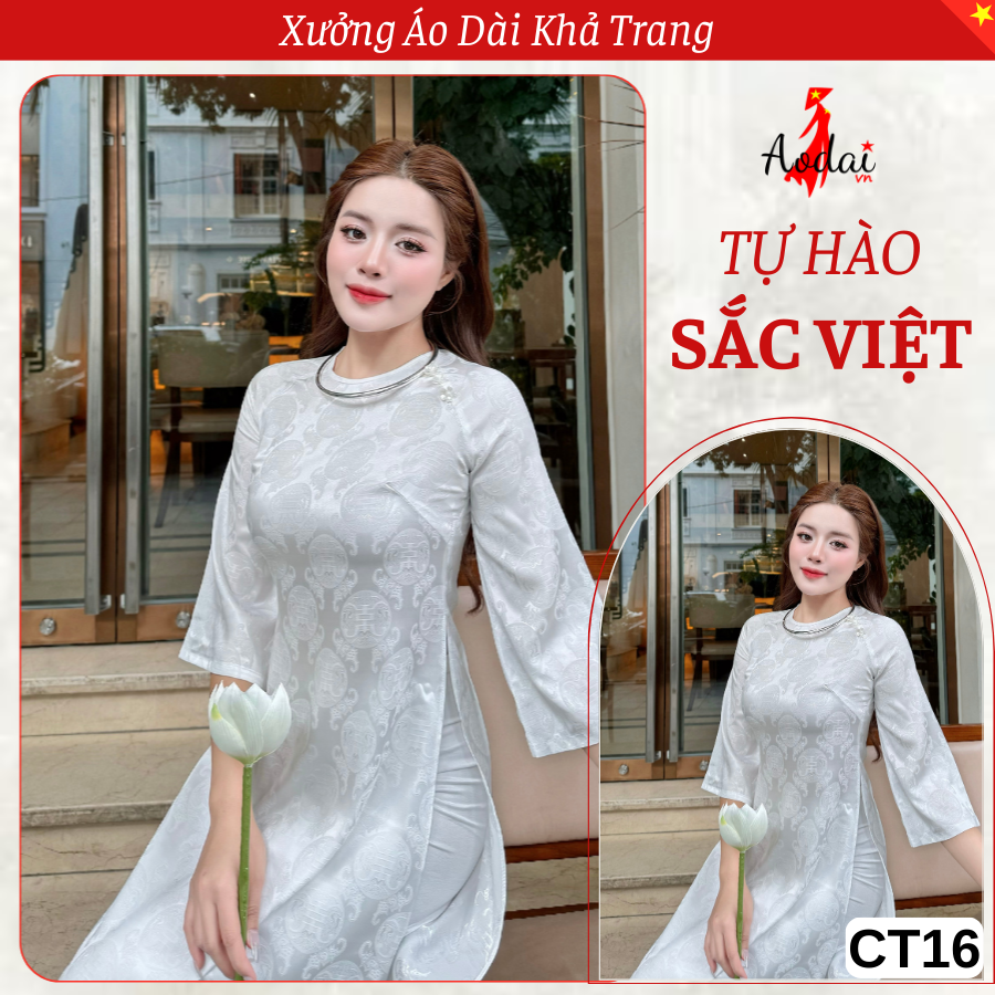 Bộ CT16 Áo Dài Gấm Dáng Suông Thọ Rơi màu Trắng Cổ Tròn Tay Lỡ_thumbnail_2