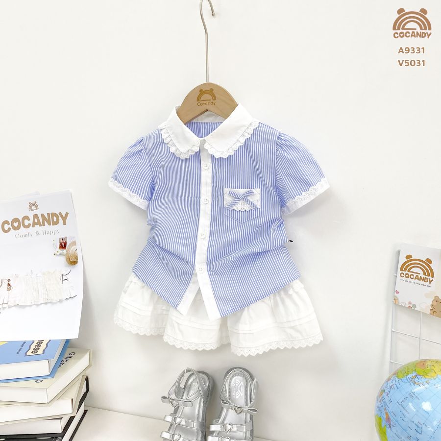 Áo cộc XANH DƯƠNG sơ mi phối ren trắng túi tam giác