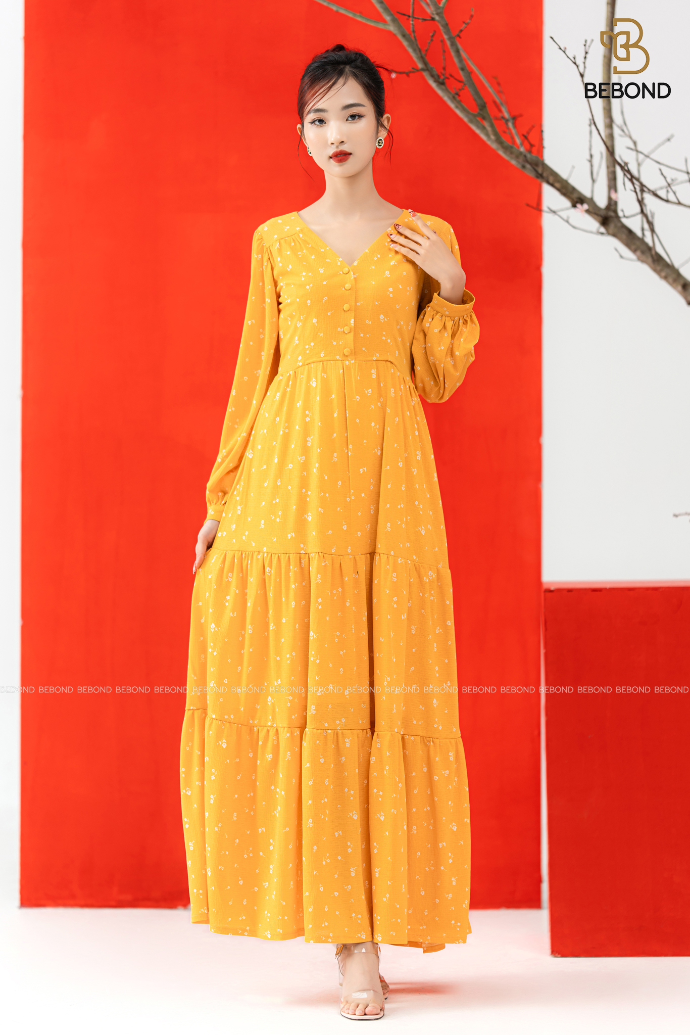 Đầm maxim cổ tim VÀNG HOA TRẮNG- Wendy Dress_thumbnail_1