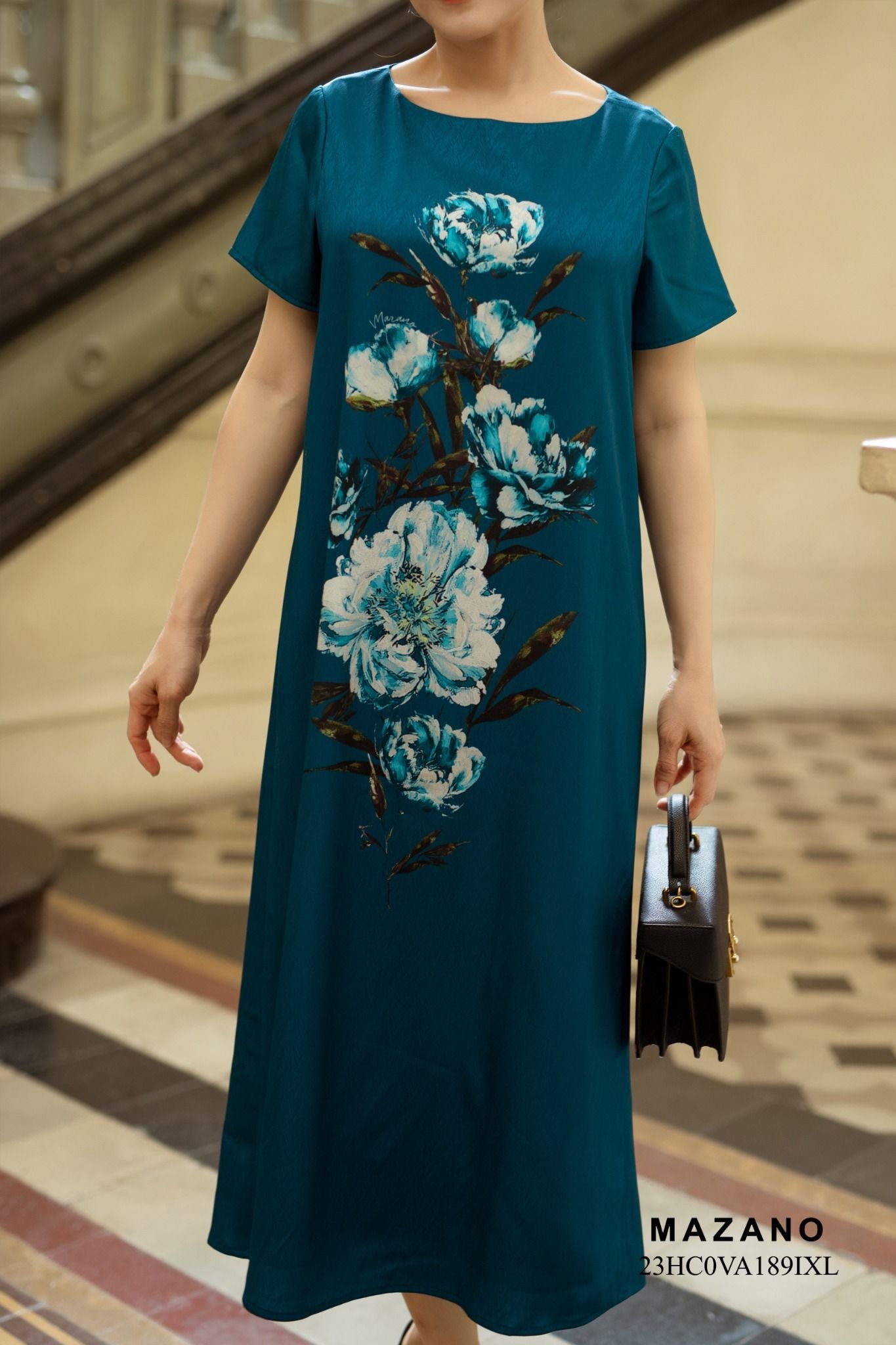 Đầm lụa vân gỗ xanh in họa tiết mẫu đơn_thumbnail_2