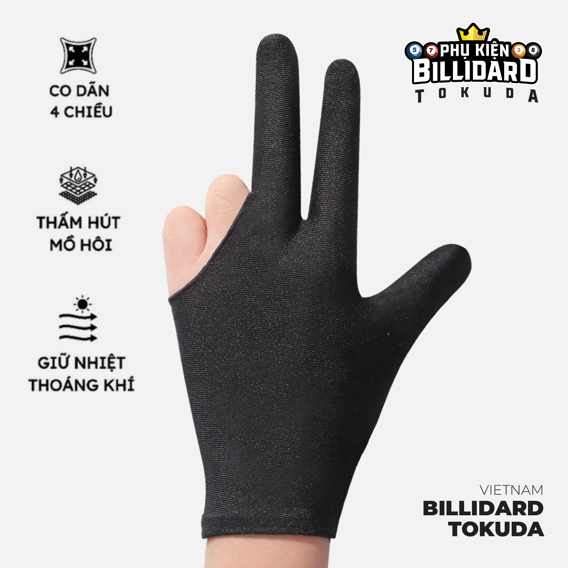 Găng tay Bida đen - Thoáng khí, khử mùi, thấm hút mồ hôi, độ bền cao, chất vải mỏng mát