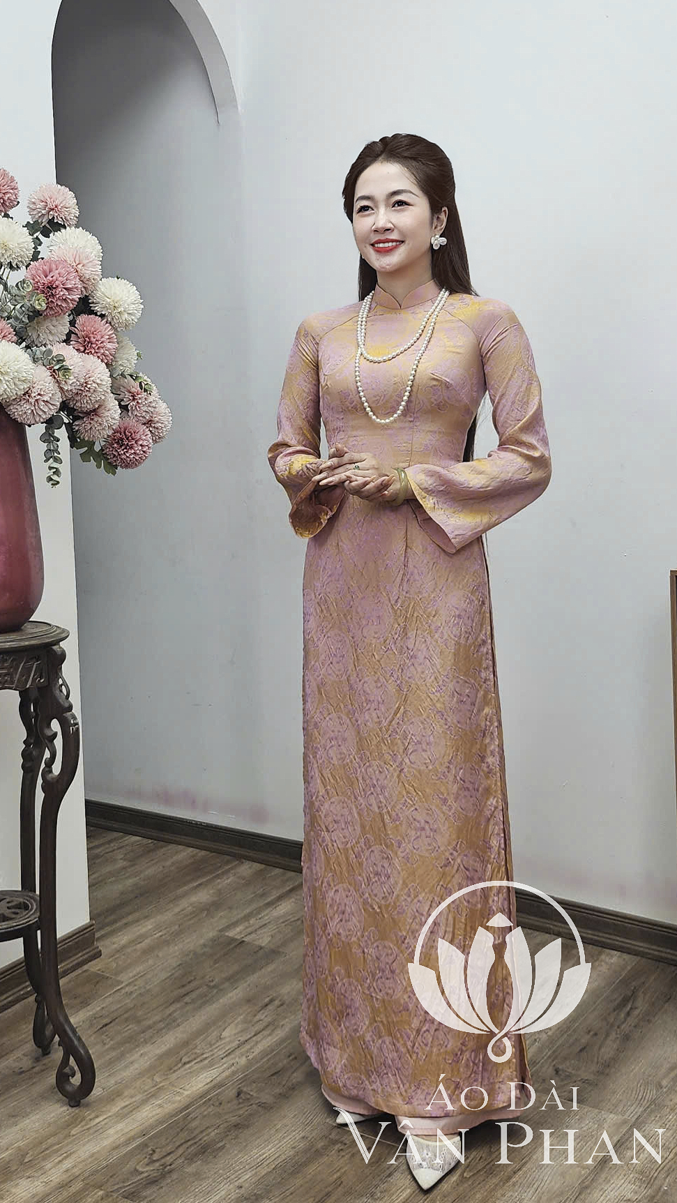 A3170 áo dài cổ 3p tay loe dài tơ tằm thọ dơi hồng_thumbnail_2