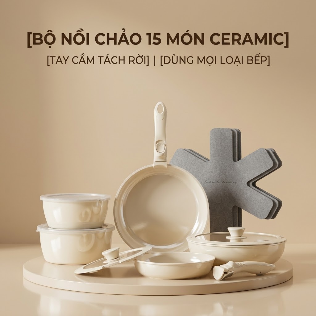 Bộ Nồi Chảo Đá Gốm Chống Dính Mishio 15 Món (5 Nồi Chảo) - Tay Cầm Tháo Rời Thông Minh, Không Chứa PFAS/PTFE, Tương Thích Mọi Loại Bếp