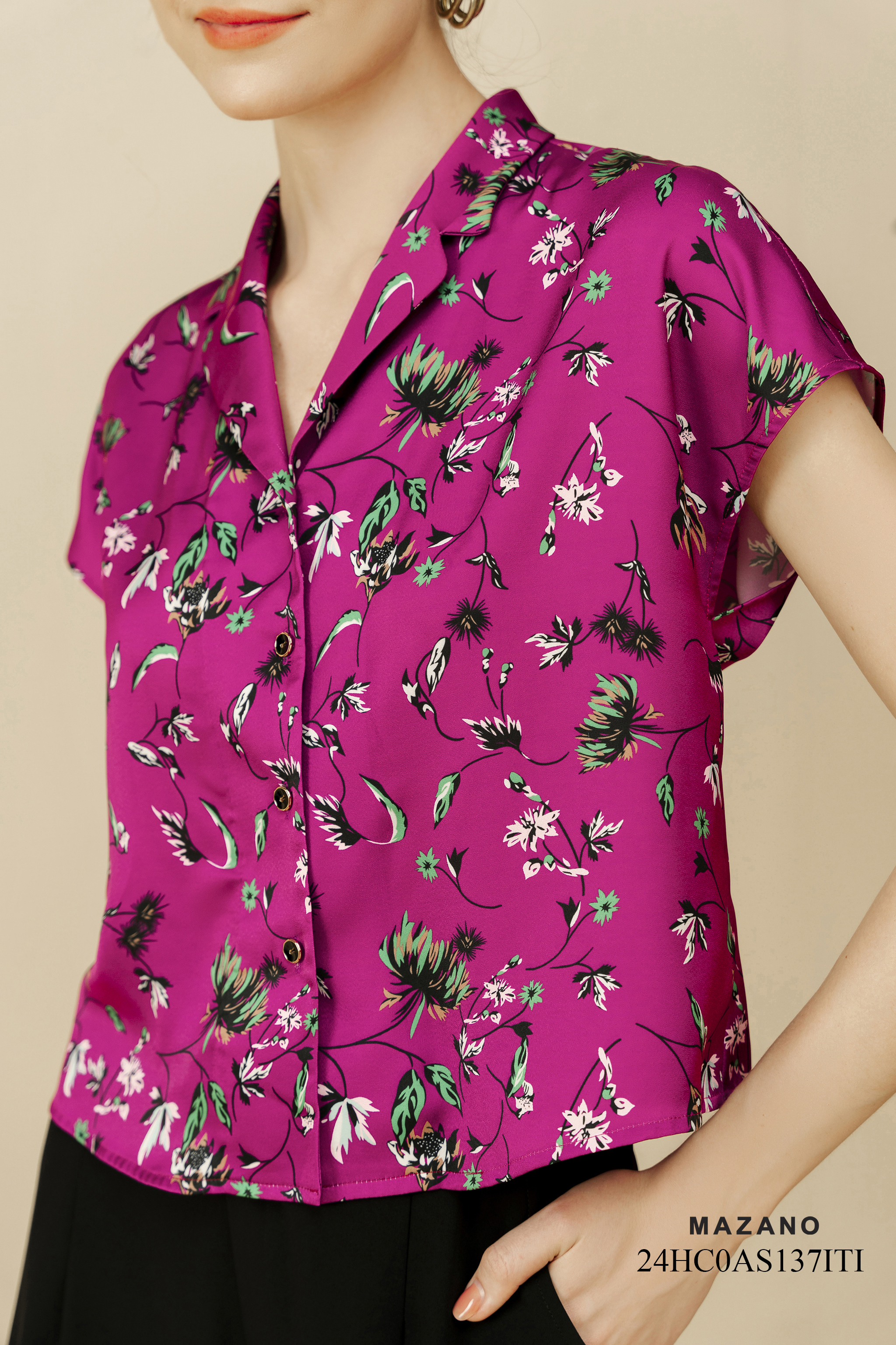 Áo Top ngắn cài khuy Suông Vải lụa mỏng Họa tiết hoa cách điệu Cổ hai ve Tay liền Dài dưới eo_thumbnail_3