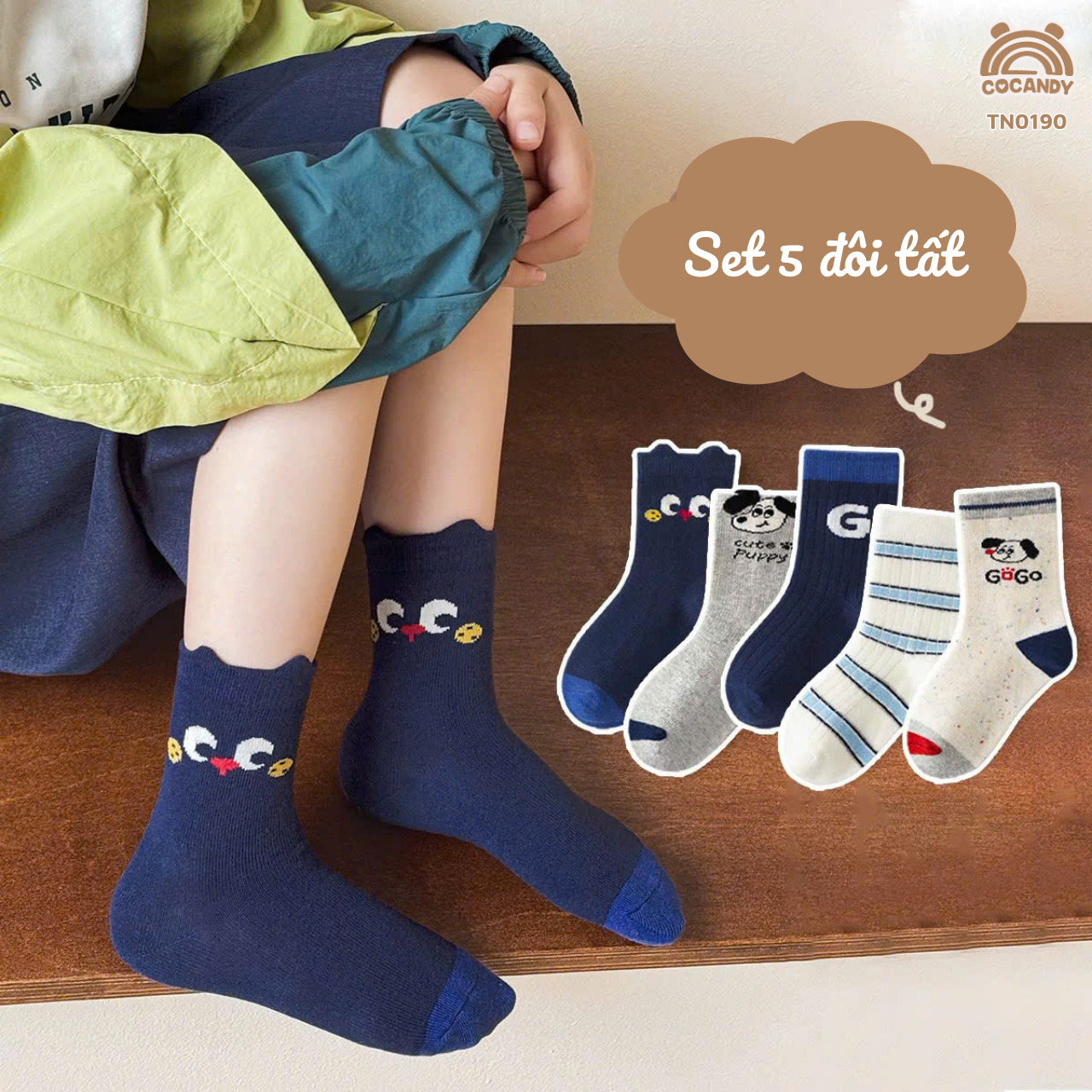 Set 5 đôi tất XANH THAN cún phối TRẮNG