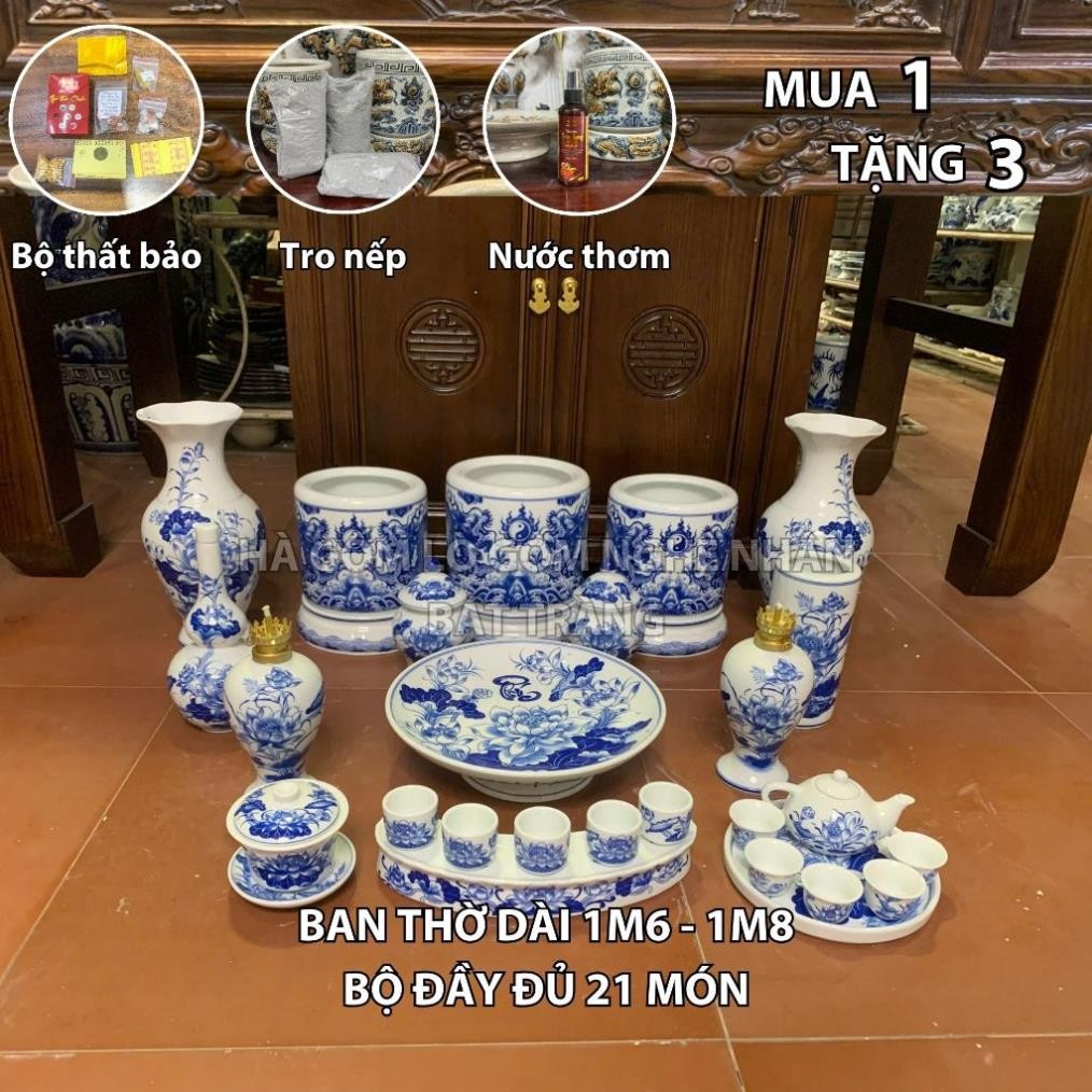 HG271 Đồ Thờ Cúng Bộ 21 món ban thờ 1M6 - 1M8 men trắng nghệ nhân Bát Tràng chế tác TẶNG Thất Bảo, Tro Nếp
