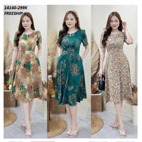 14140-Đầm xòe họa tiết hoa phối cổ giọt nước đính nút (lụa mango)FREESHIP_thumbnail_0