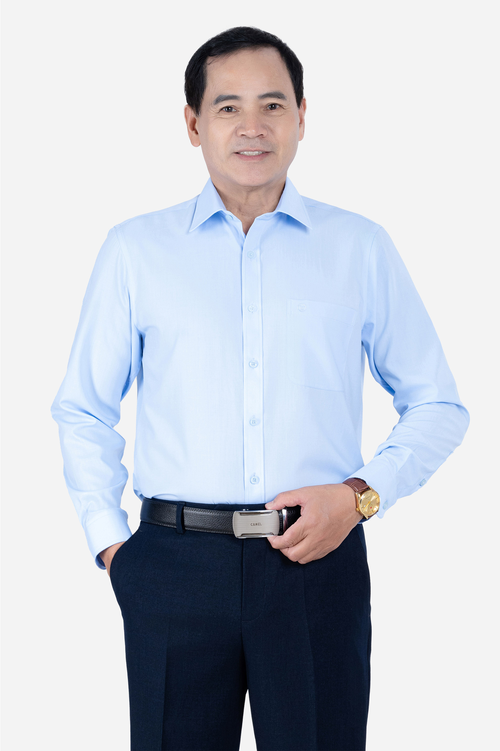 Sơ Mi Trơn Dài Tay Nam Trung Niên ANCHi Chất Liệu Cotton Nhập Khẩu Màu Xanh Lơ