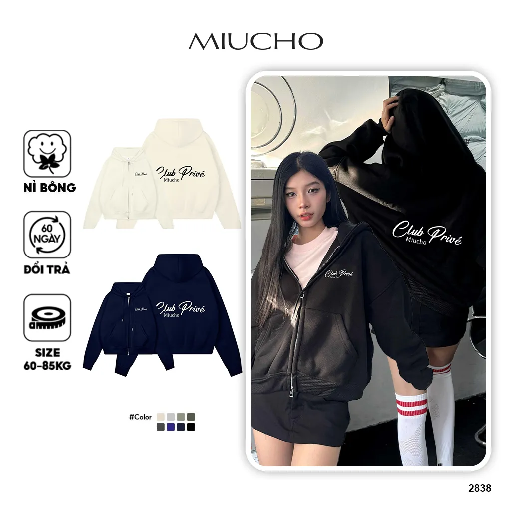 Áo khoác hoodie zip nam nữ Miucho nỉ 2 da dày dặn thoáng mát form boxy hot trend 2838