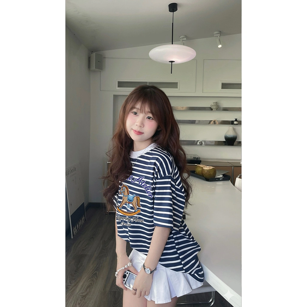 Áo thun boxy unisex Miucho Club vải borip thoáng mát tay ngắn cổ tròn hình chú ngựa sọc mix màu 2789_thumbnail_2