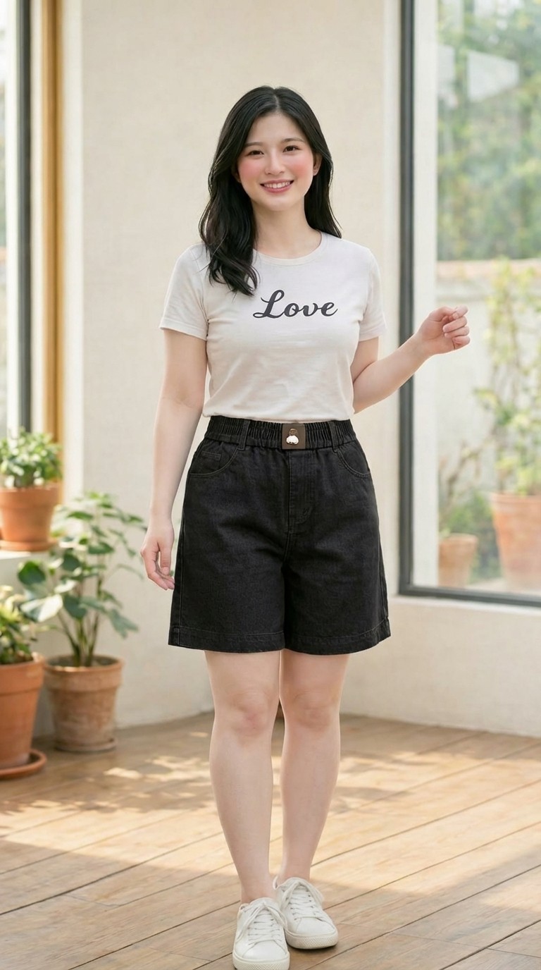 QJF213-Short Jeans Cạp Chun Gấu Cao