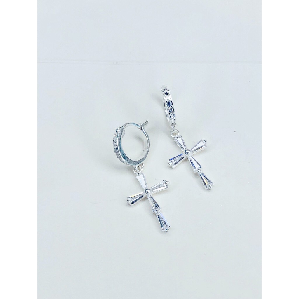 Khuyên tai Thánh Giá bạc unisex dáng dài nạm đá Zircon có chốt bấm/ trang sức Công Giáo KB03_thumbnail_3