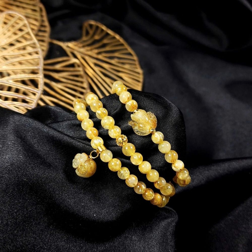 PT142 - Chuỗi vòng thạch anh tóc vàng mix hồ ly và móc vàng 10k