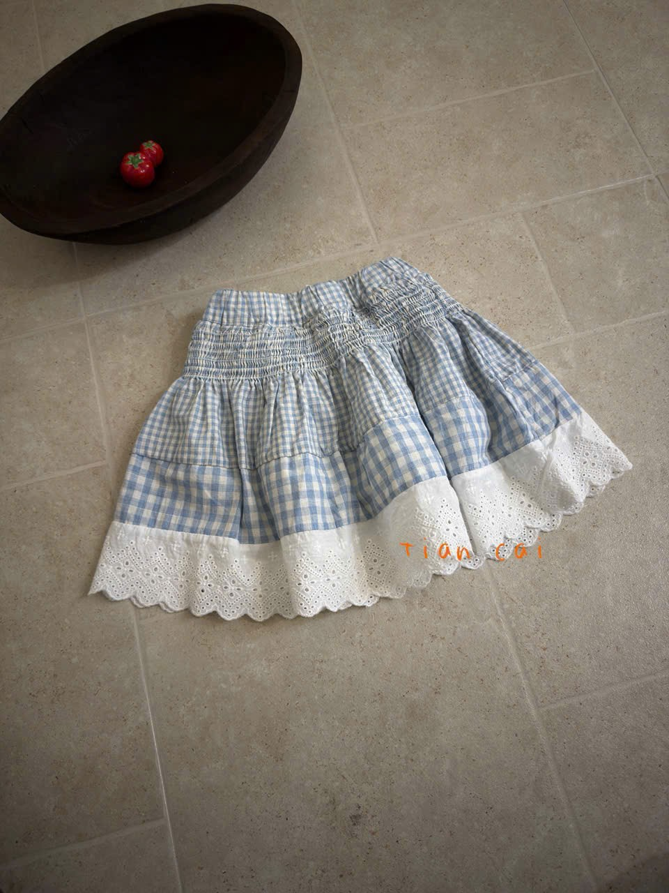 A55 - Chân váy caro xanh phối ren trắng lưng smock hãng Tian Cai (Sz90-130)_thumbnail_0