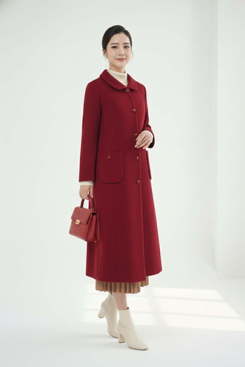 Áo măng tô Suông Vải dạ lông cừu Trang trí khuy hoa hồng Cổ bẻ Dài đến bắp chân_thumbnail_8