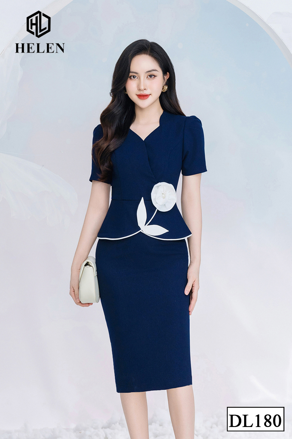 Đầm ôm peplum màu xanh than cổ cách điệu đính hoa eo DL180