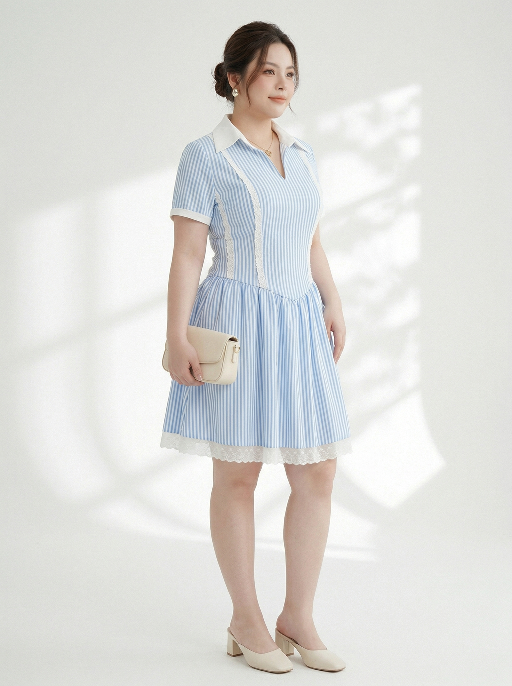 BIGSIZE NỮ - Đầm sọc dáng A phối ren dành cho nàng béo từ 55-90kg V-DA207