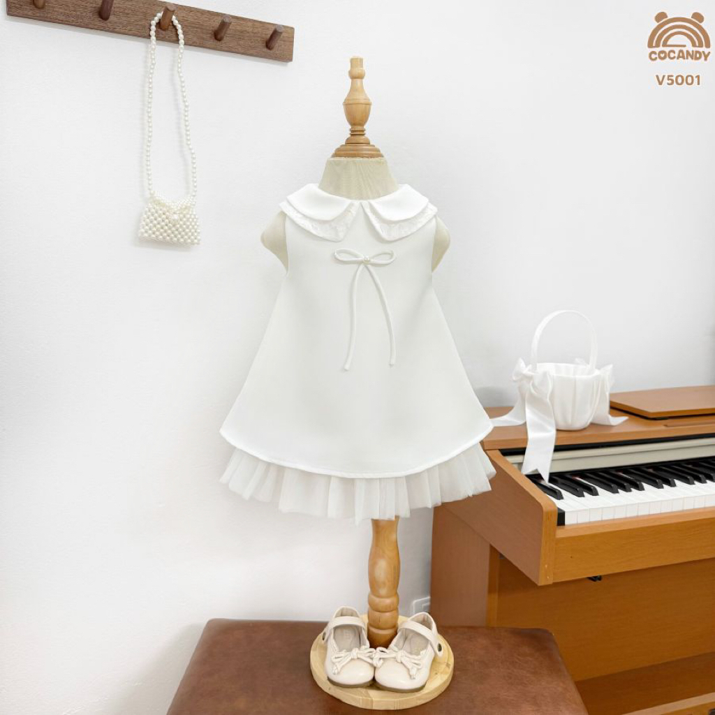 Váy tafta TRẮNG cổ sen phối nơ ren