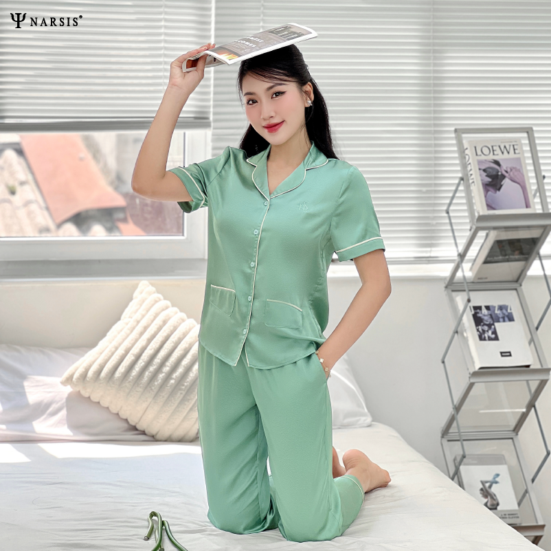 Bộ pijama satin cao cấp Narsis M24040 màu xanh lam, thiết kế thoáng mát, tinh tế._thumbnail_2