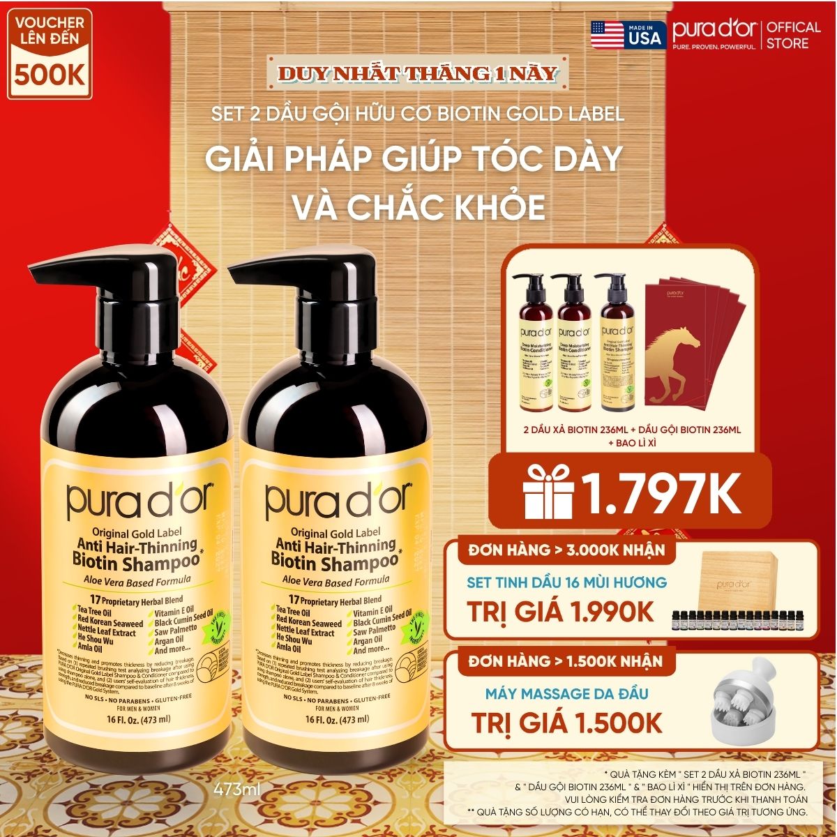 Set 2 Dầu Gội Biotin Pura D'or Original Gold Label Chăm Sóc Da Đầu, Giảm Rụng Tóc, Hỗ Trợ Mọc Tóc 473ml