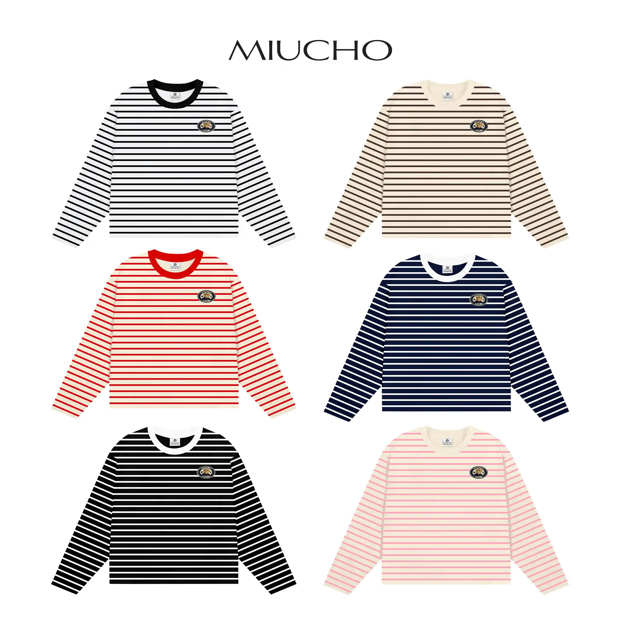 Áo thun boxy nữ Miucho vải bo rip thoáng mát tay dài kẻ sọc cổ tròn hình nhỏ basic in mix 2706