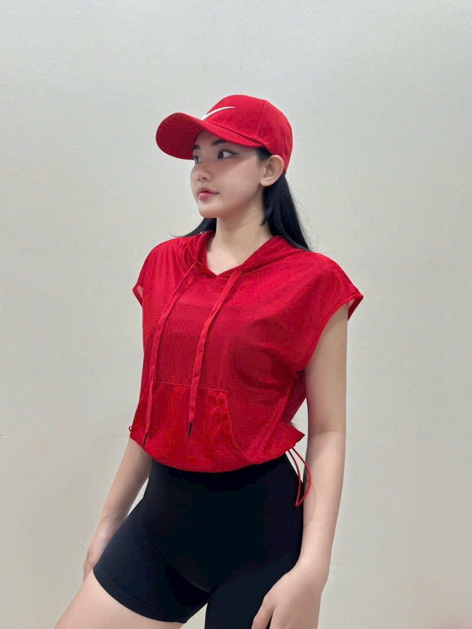 Áo Tank Thể Thao Dáng Croptop Có Nón Tay Ngắn Lưới Mè_thumbnail_9