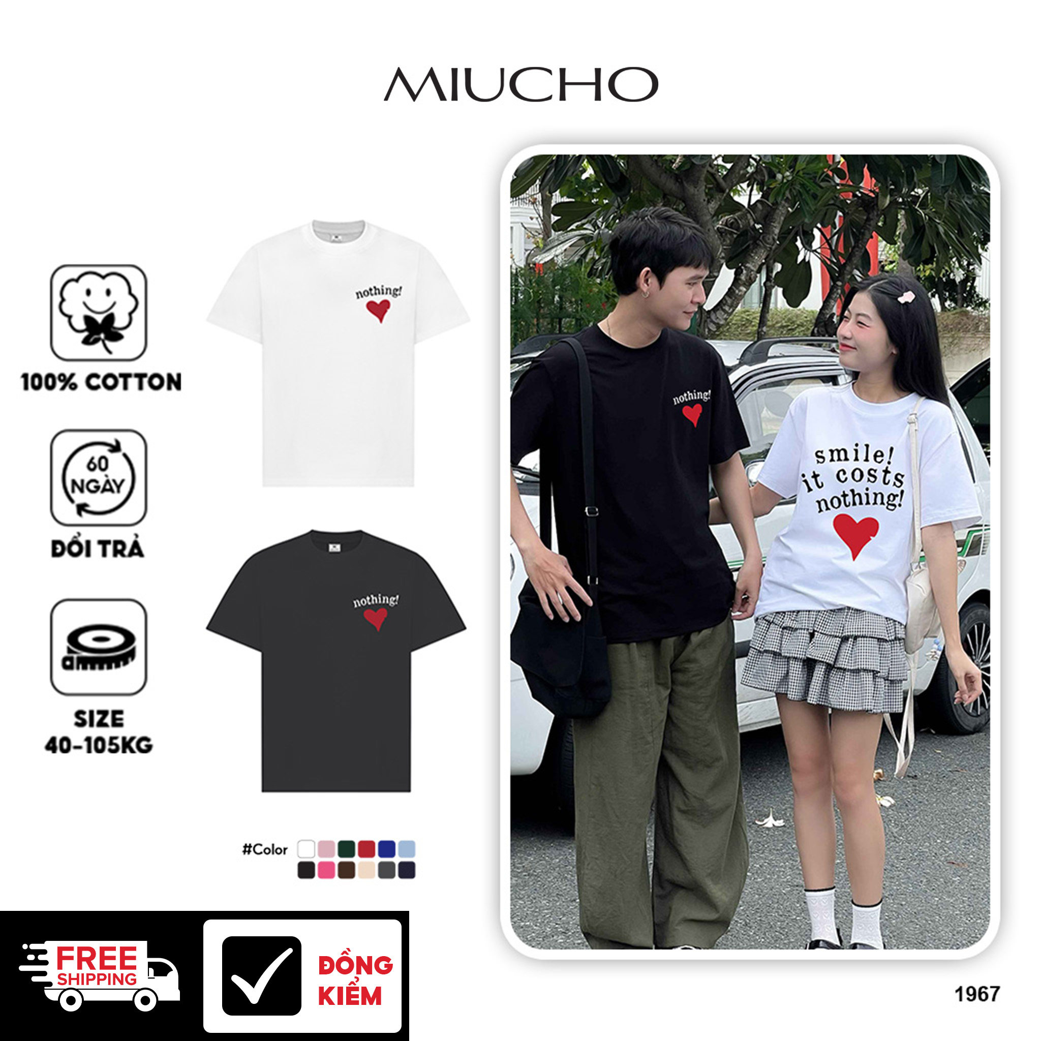 Áo phông đôi nam nữ trái tim form rộng 1967 Miucho Club cổ tròn vải cotton 2c 250gsm in typography