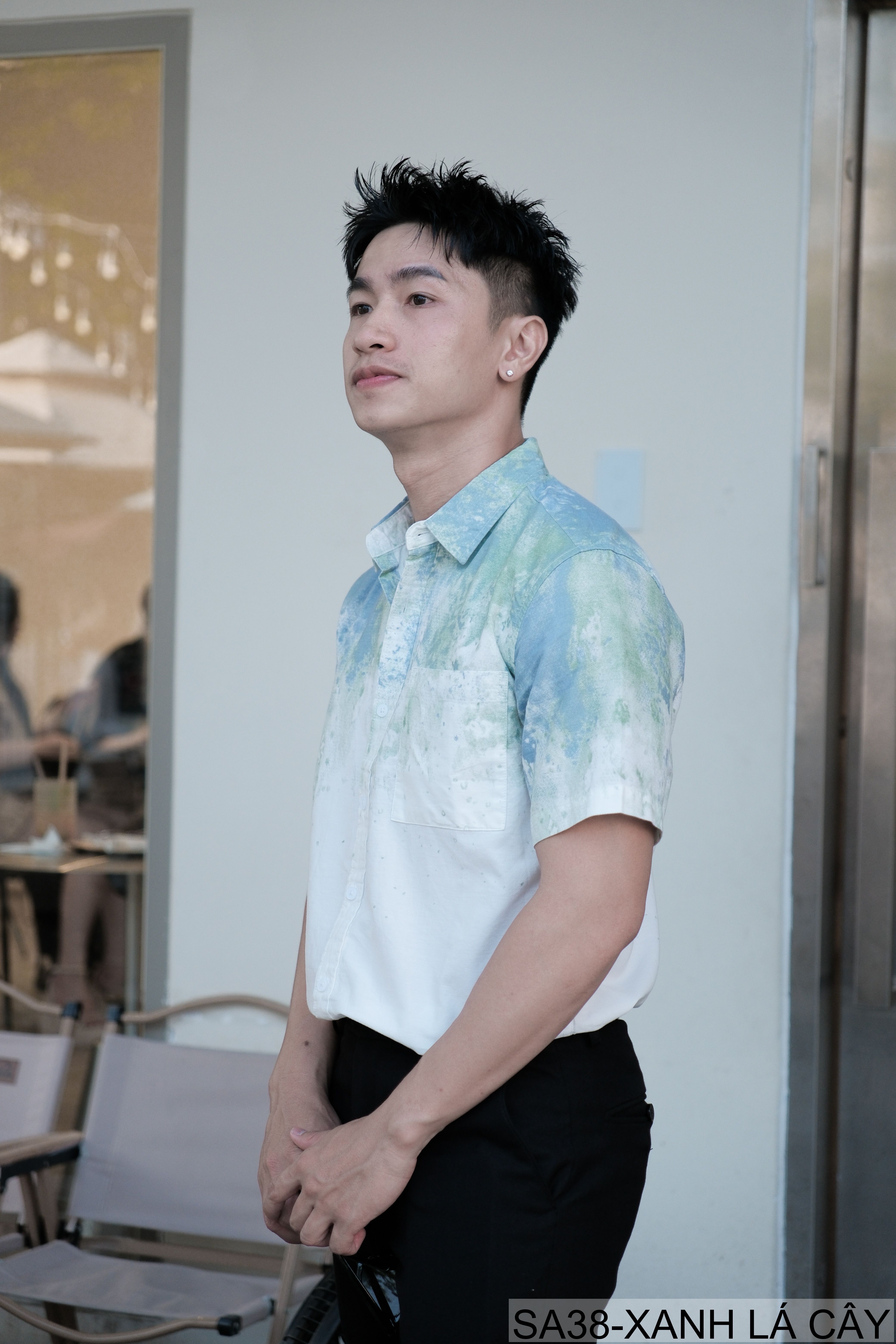 SA38 - Áo sơ mi nam tay ngắn họa tiết loang màu xanh lá và xám, phong cách trẻ trung mùa hè_thumbnail_2