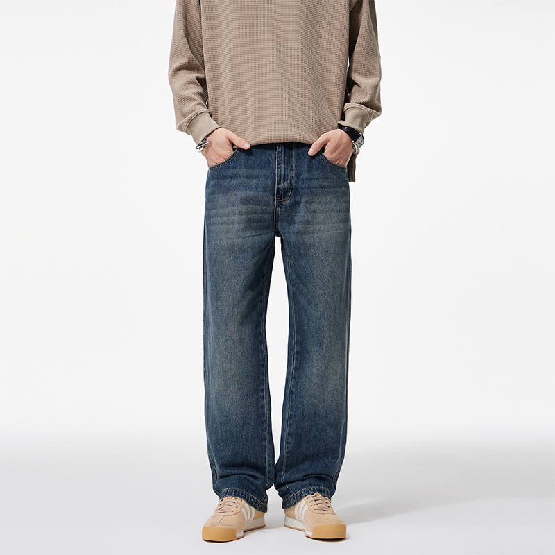 ClanfitQuần jeans nam ống rộng màu đen cao cấp mới mùa thu, quần ống rộng cổ điển đa năng