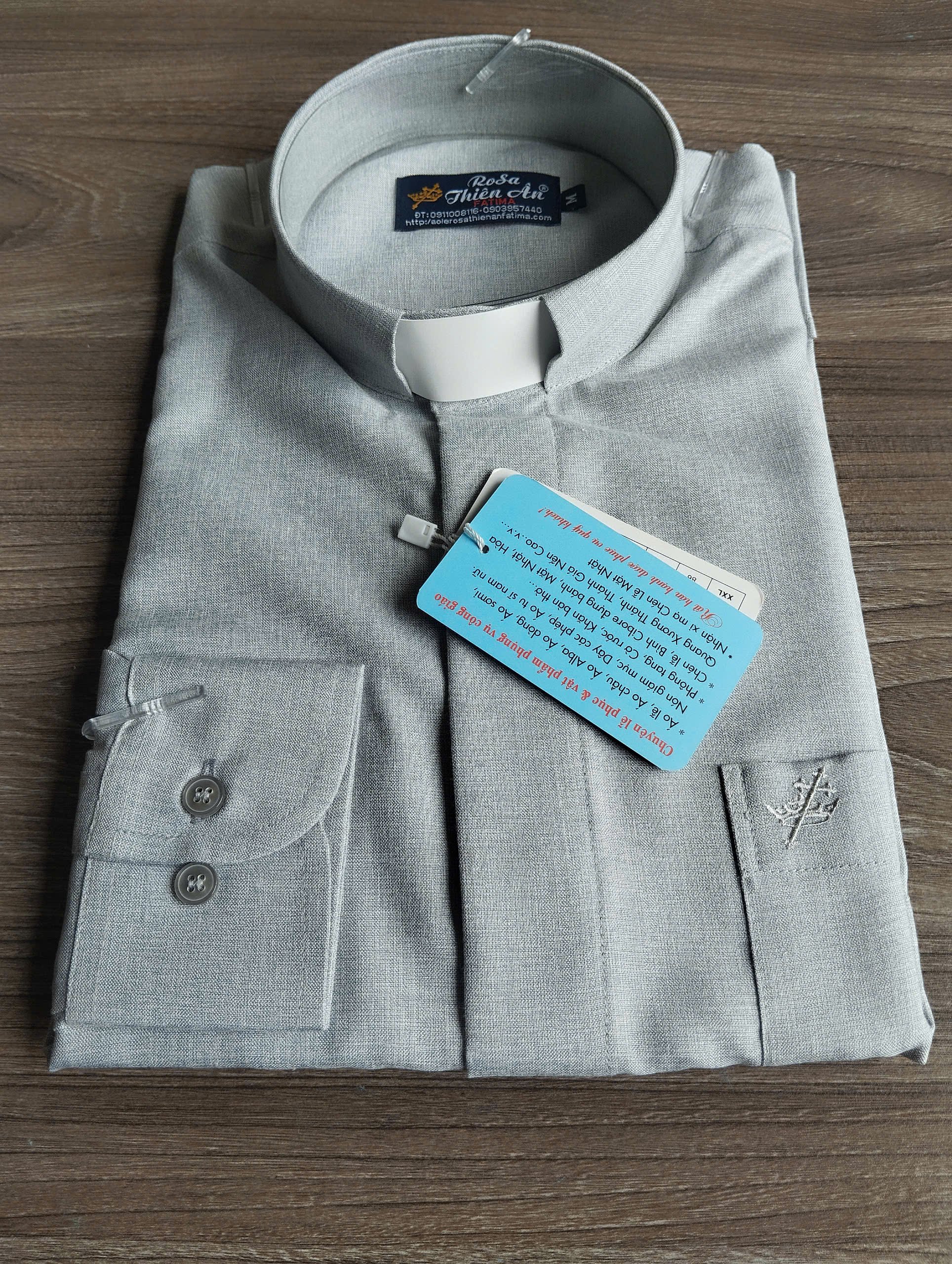 Áo sơ mi cổ côn linh mục dài tay tay Rosa Thiên Ân vải Ý