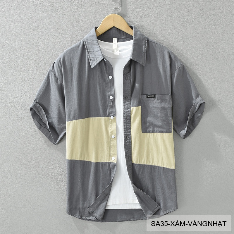 SA35 - Áo Sơ Mi Nam Tay Ngắn Phong Cách Nhật Bản, Chất Liệu Bông 100%, Thiết Kế Phối Màu Trẻ Trung_thumbnail_9
