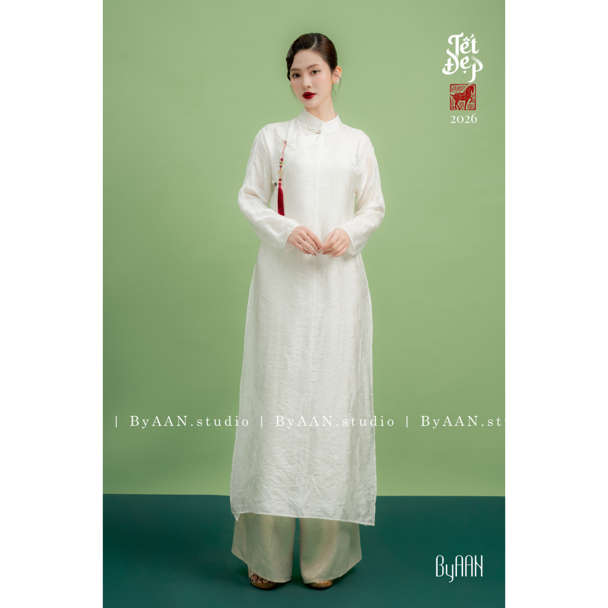 Set áo dài Giao lụa Tencel trắng hiệu ứng