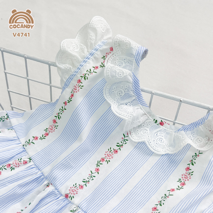 Váy cộc kẻ sọc TRẮNG XANH NHẠT hoa nhí chun chéo lưng_thumbnail_3