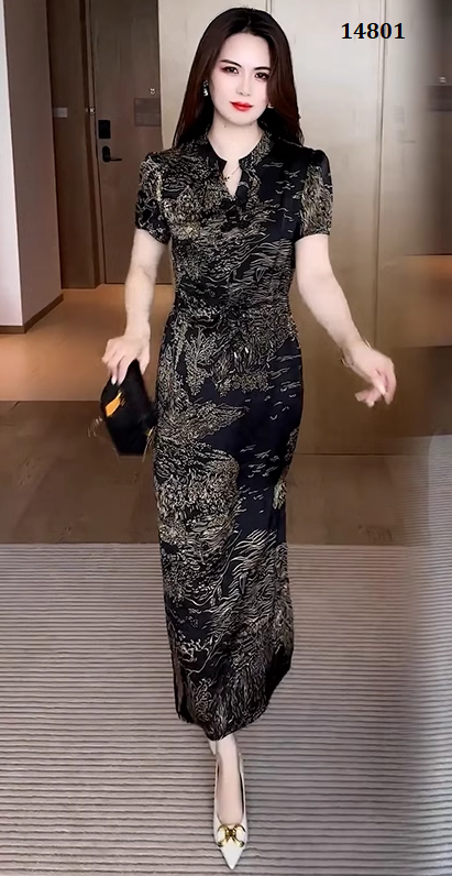 14801-Đầm suông in họa tiết  cổ tàu eo thắt dây cách điệu ( lụa mango)_thumbnail_1