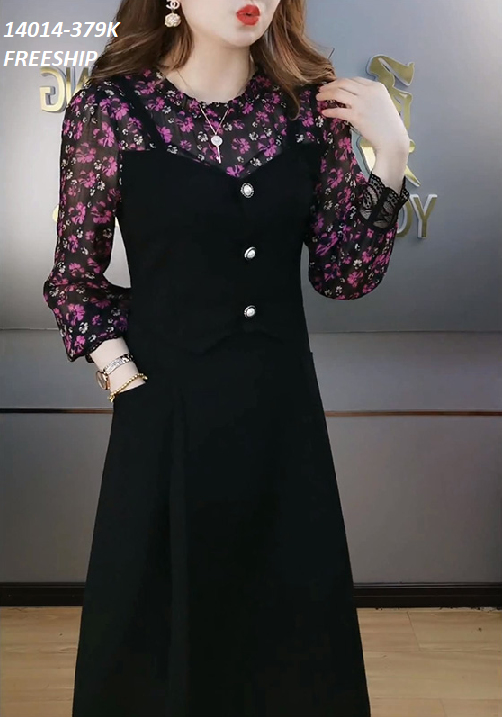 14014-Đầm xòe chữ A phối tay voan hoa nhí kế nút (thun mịn, voan)FREESHIP_thumbnail_0