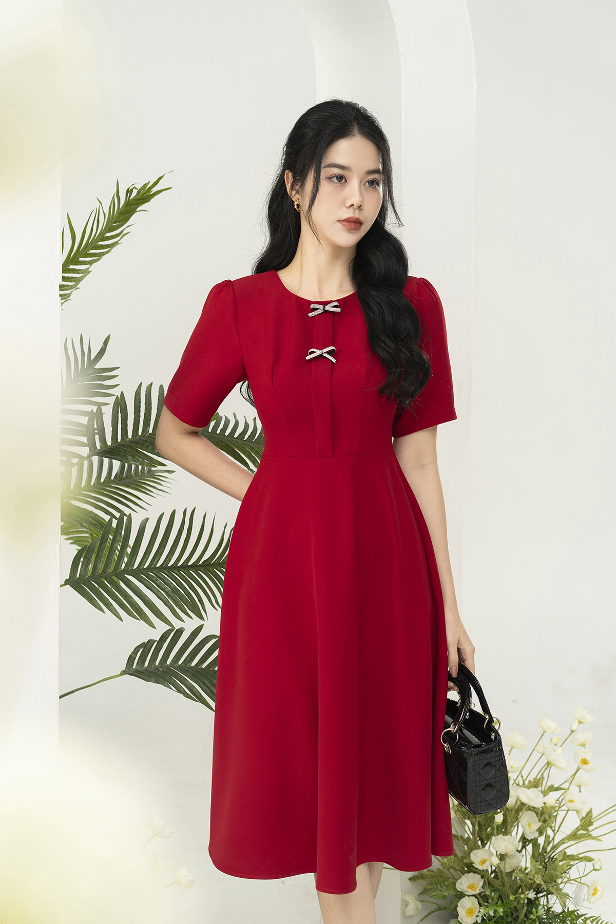 Đầm công sở LAVENDER dáng xòe đỏ nơ dây đá D3003