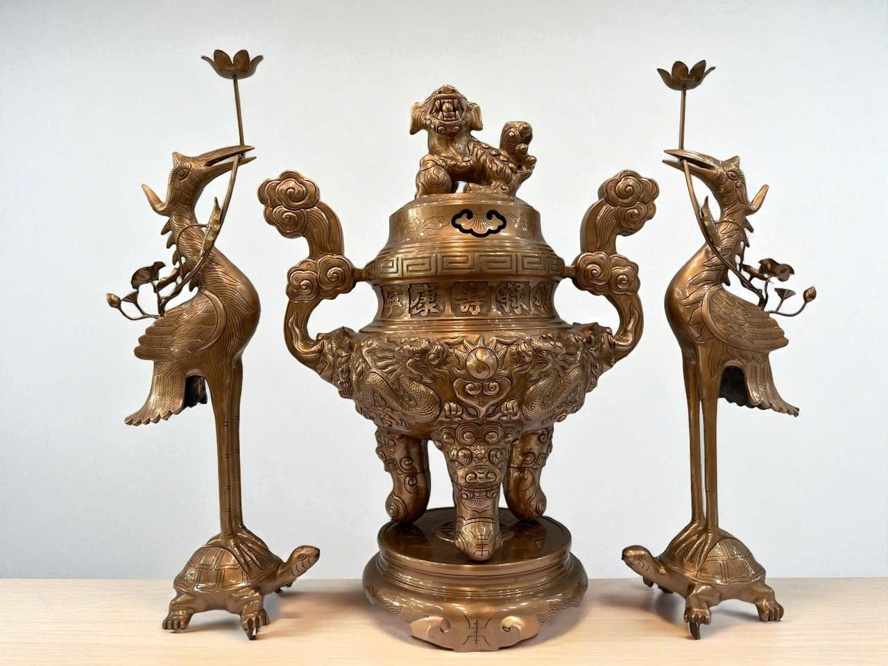 Bộ ngũ sự hoa văn rồng đúc đồng đỏ cao 70cm _thumbnail_0