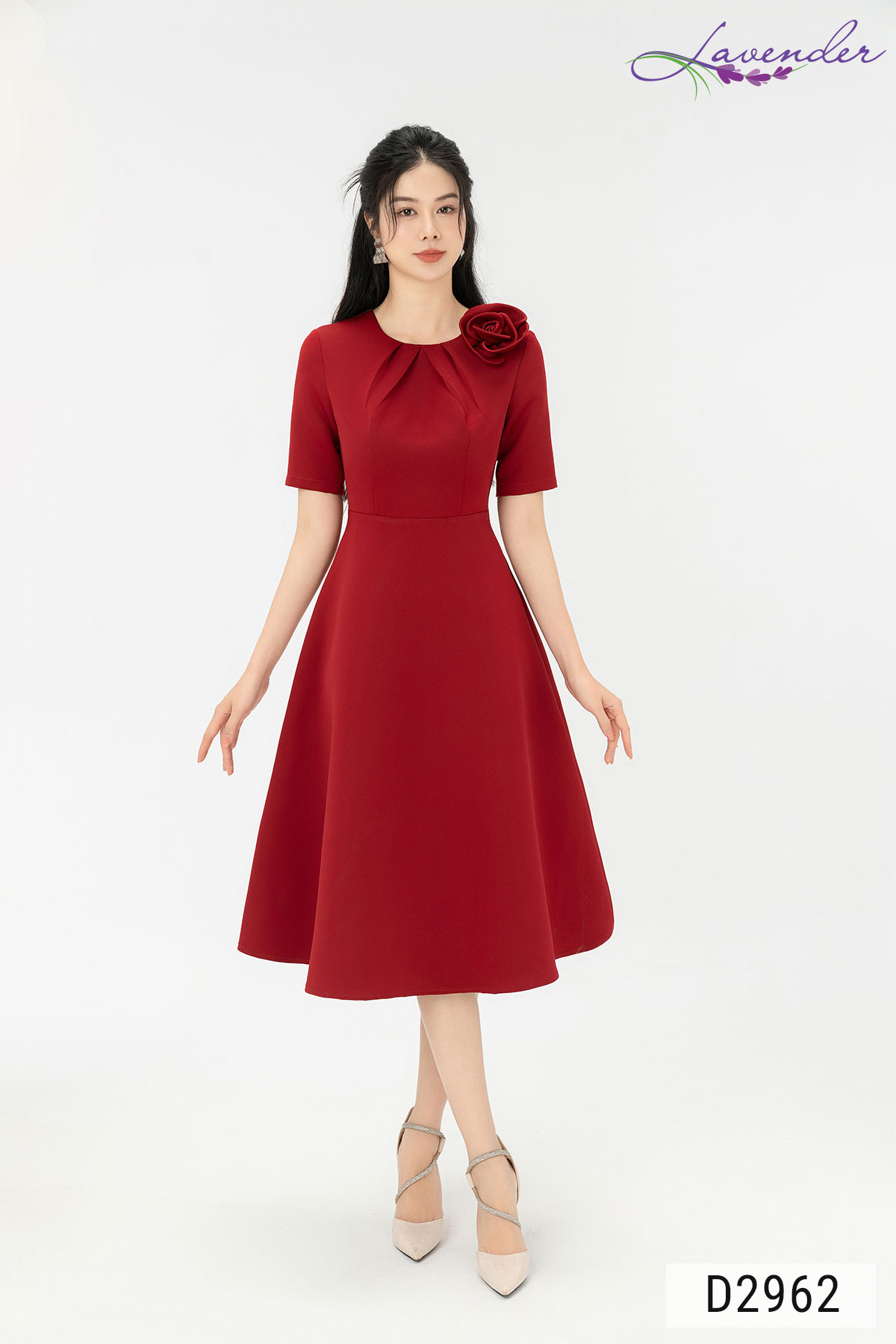 Đầm xòe tafta công sở Thời trang Lavender đỏ tay lỡ phối hoa vai D2962_thumbnail_2