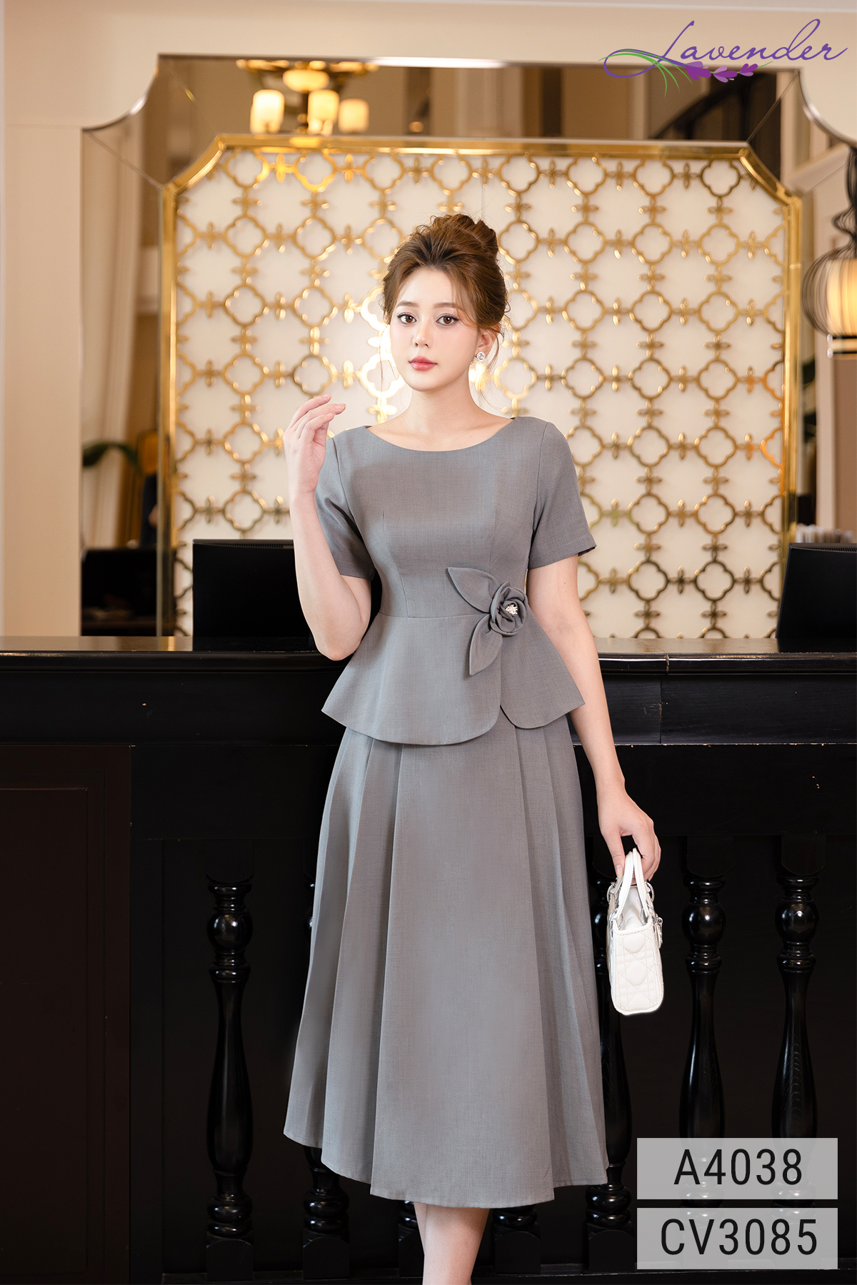 Áo sơ mi nữ công sở Thời trang Lavender màu ghi cổ tròn cuốn hoa eo A4038_thumbnail_2