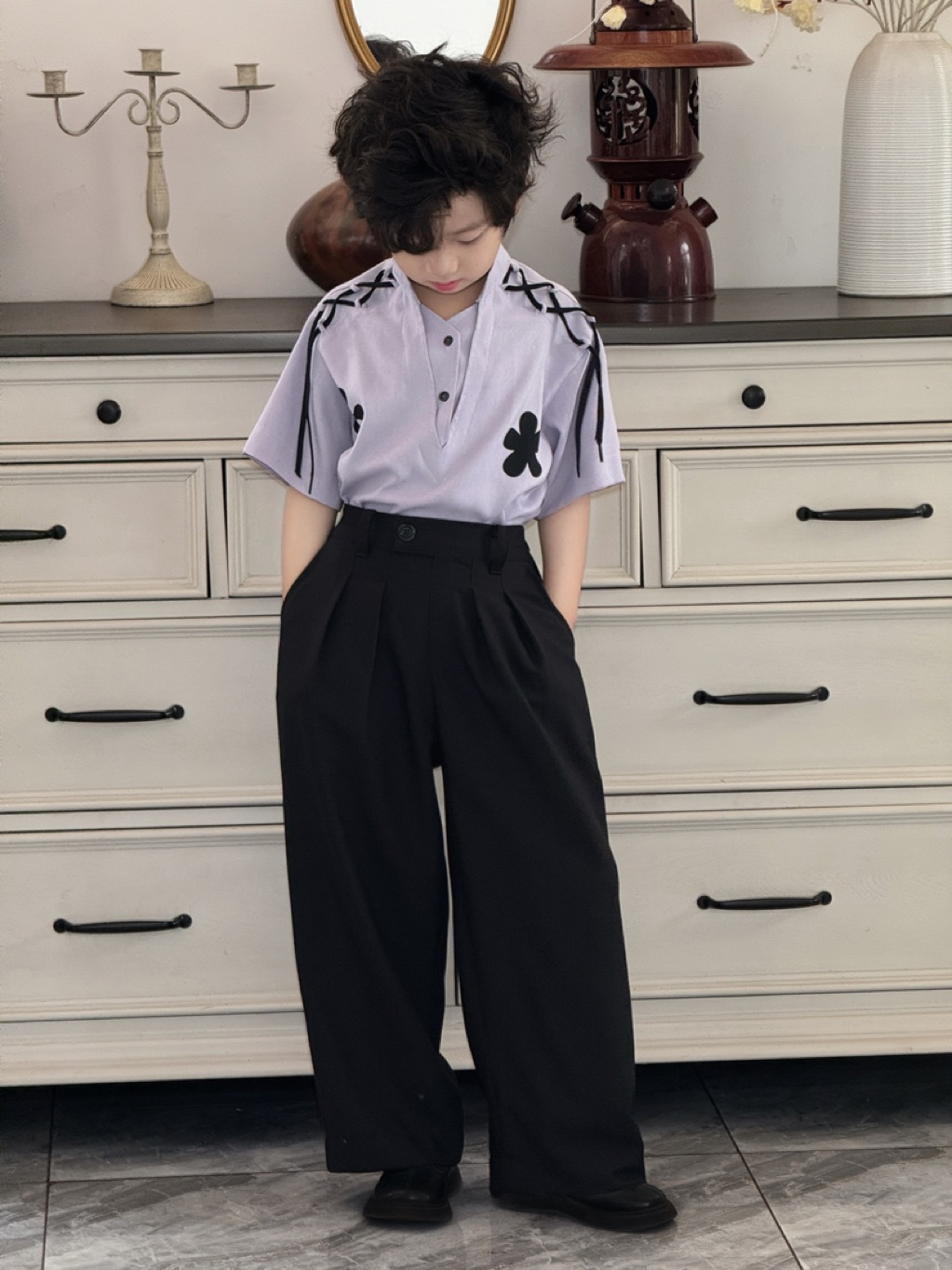 Quần Suông Đen Chằng Xếp, Áo Tím Hoa Đen Cho Bé Trai, Bé Gái_thumbnail_3