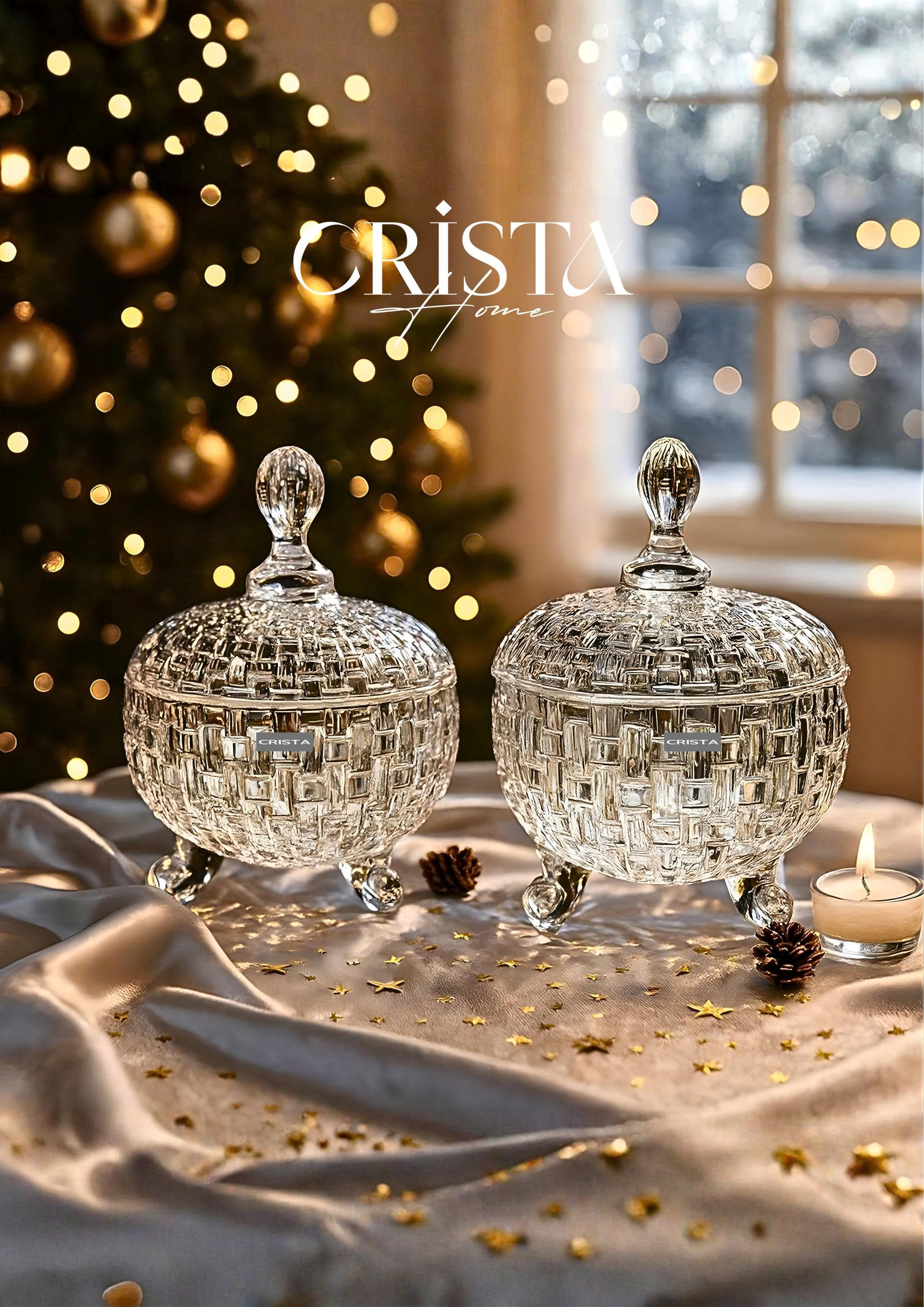 Bộ 2 hũ mứt 3 chân CRISTA HOME vân caro Size 18cm