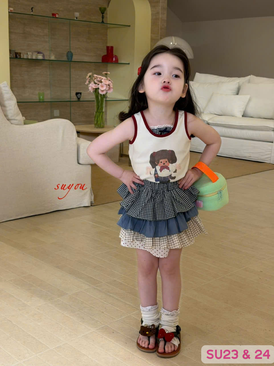 SU24 - Chân váy tầng bèo phối nhiều lớp họa tiết màu xanh đen hãng Suyou