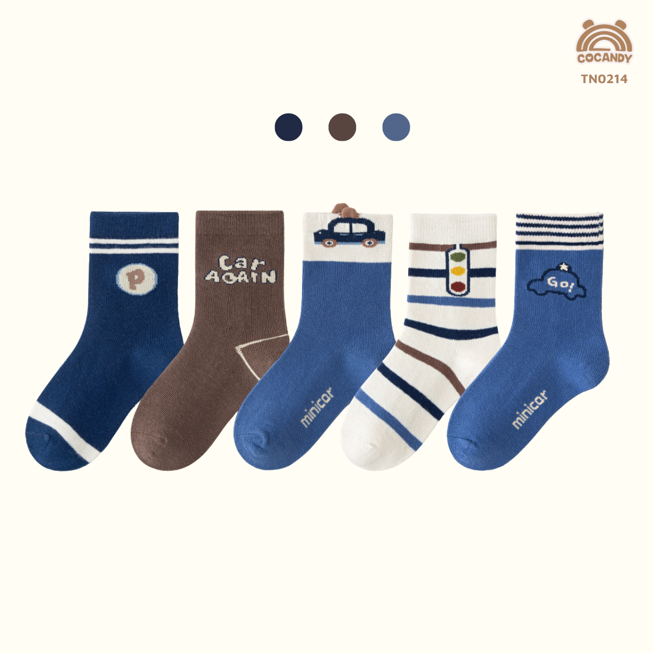 Set 5 đôi tất XANH THAN ô tô phối TRẮNG NÂU